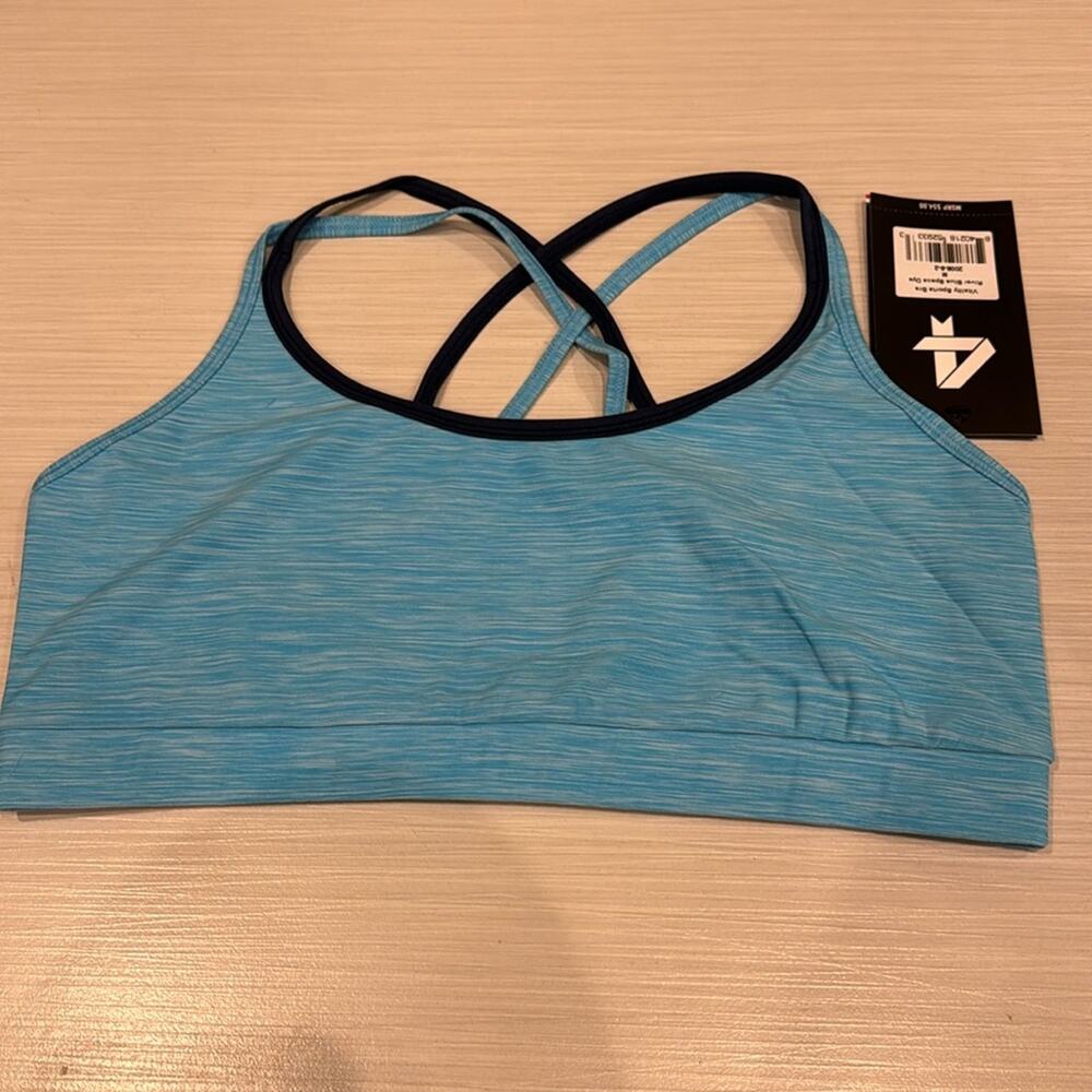 Fourlaps NWT Vitality Sports Bra River Blue Space Dye with Strappy back.